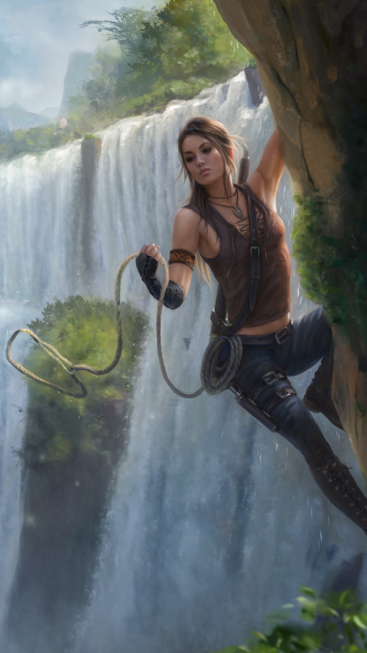 Обои арт, фэнтези, цифровое искусство, природа, водопад в разрешении 750x1334