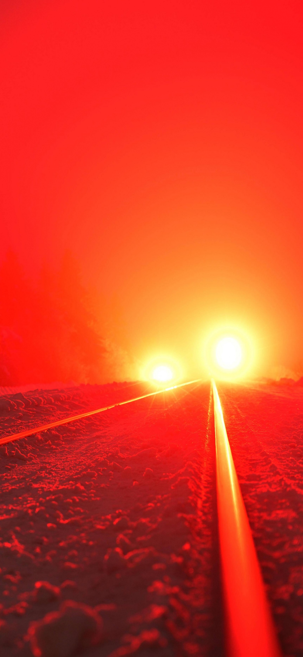 Обои железнодорожный транспорт, красный цвет, свет, дерево, вспышка в разрешении 1242x2688