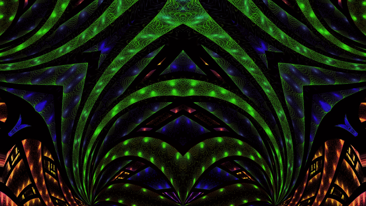 Обои абстракция, психоделическое искусство, арт, симметрия, зеленый в разрешении 1280x720