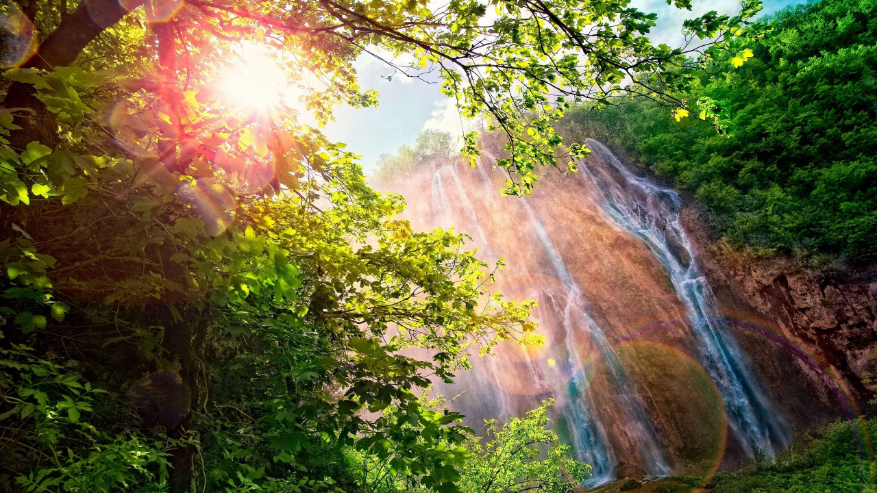 Обои водопад, природный ландшафт, природа, растительность, вода в разрешении 1280x720