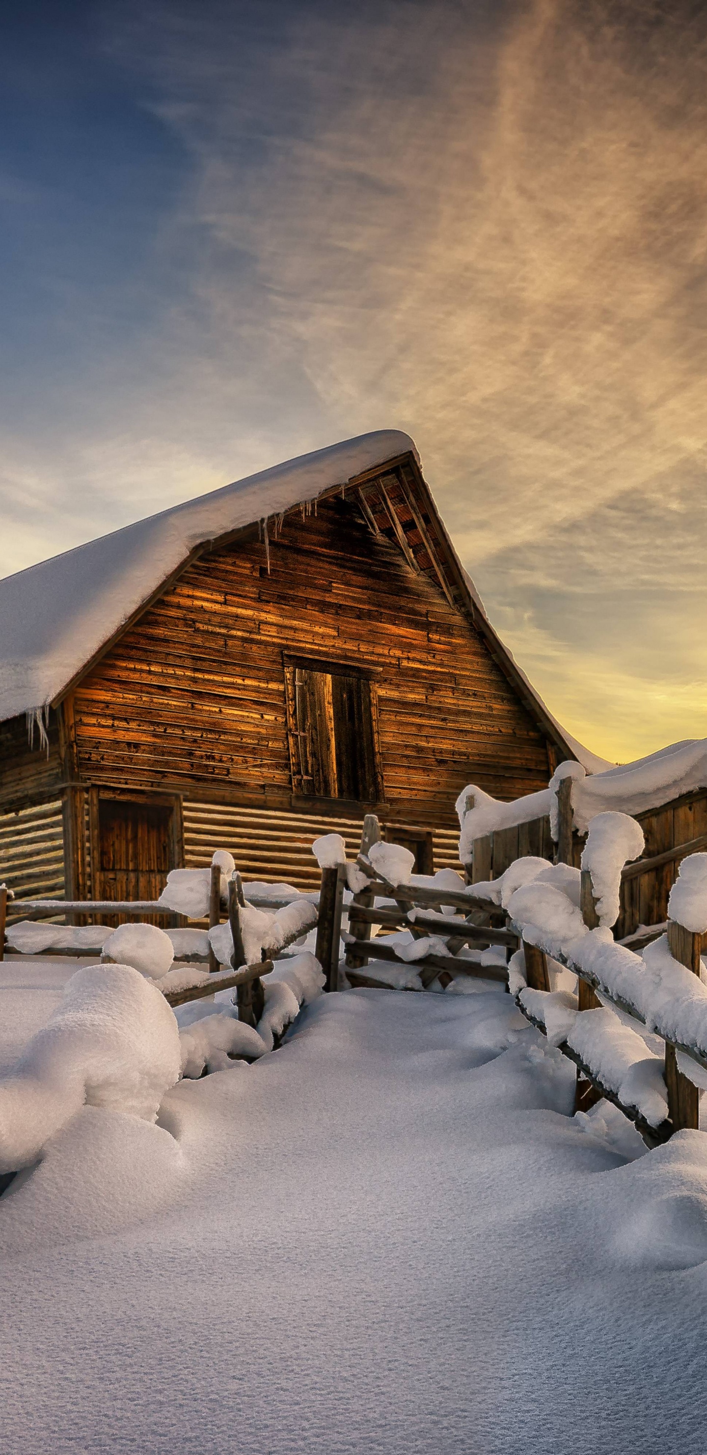 Обои снег, зима, замораживание, архитектура, пейзаж в разрешении 1440x2960