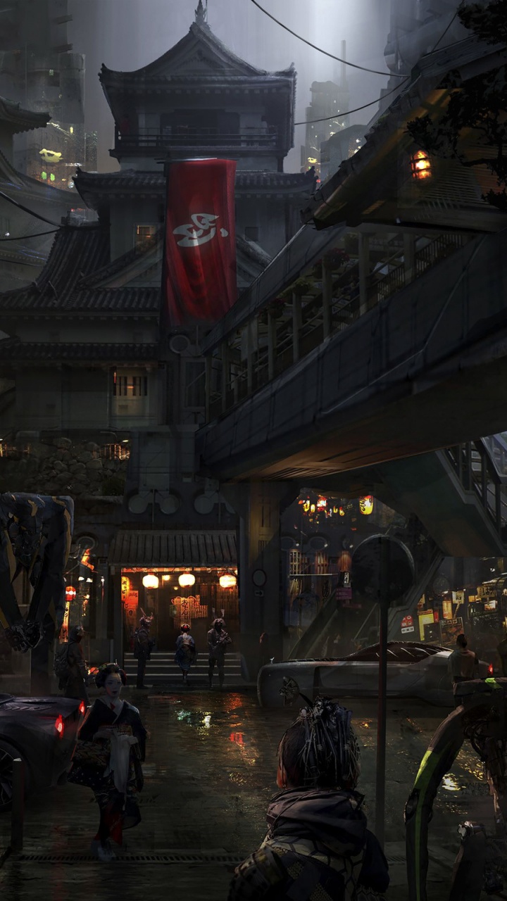 Обои нео эдо, арт, цифровое искусство, Киберпанк, живопись в разрешении 720x1280