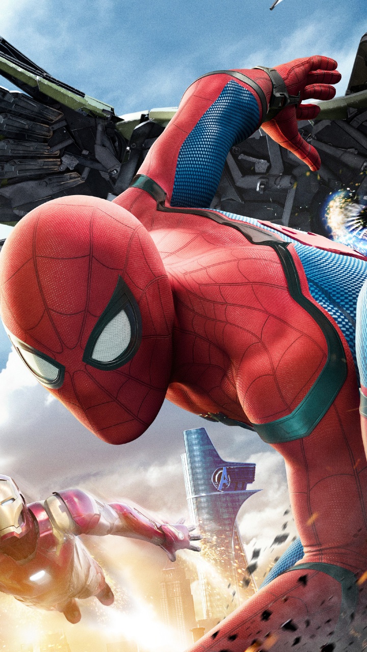 Обои человек-паук, Человек-паук Возвращение домой, Железный человек, супергерой, фигурка в разрешении 720x1280