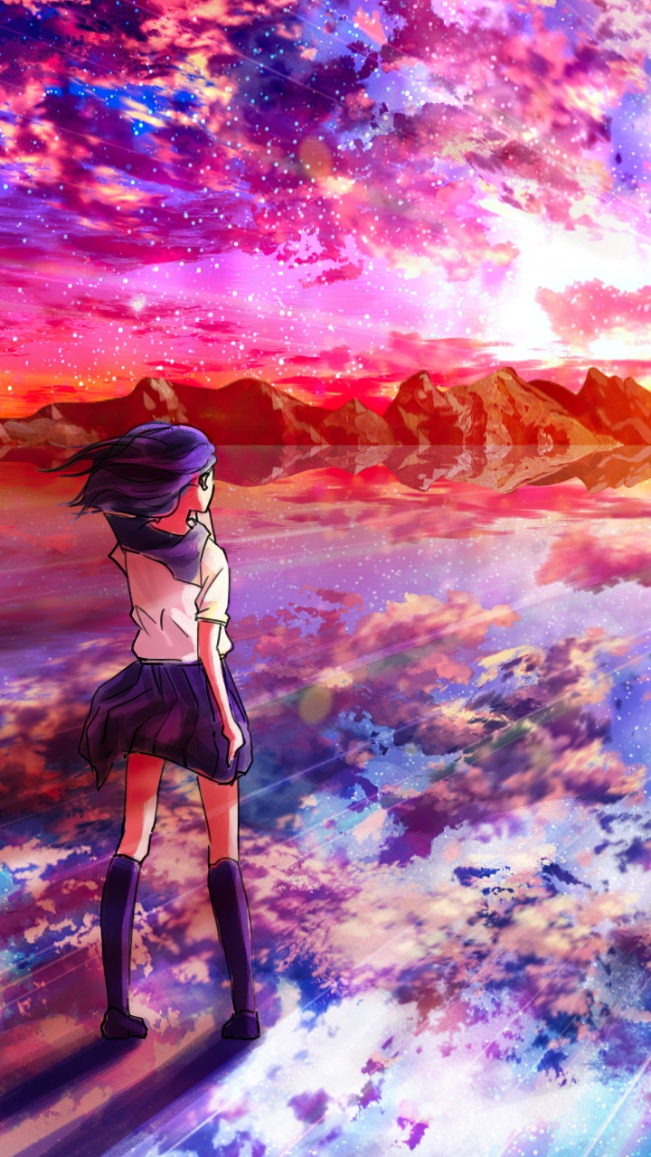 Обои аниме, мир, Люди в природе, пурпур, окружающая среда в разрешении 720x1280