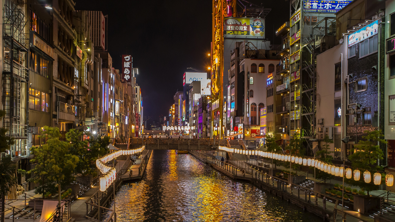 Обои Осака, замок Осака, ночь, город, городской район в разрешении 1366x768