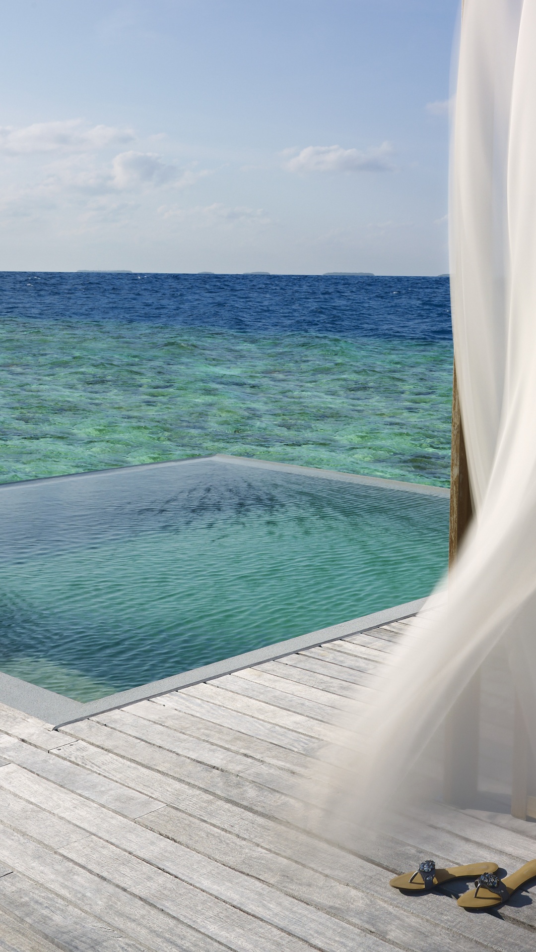 Обои плавательный бассейн, прибежище, пляж, Дусит Тани Мальдивы, океан в разрешении 1080x1920