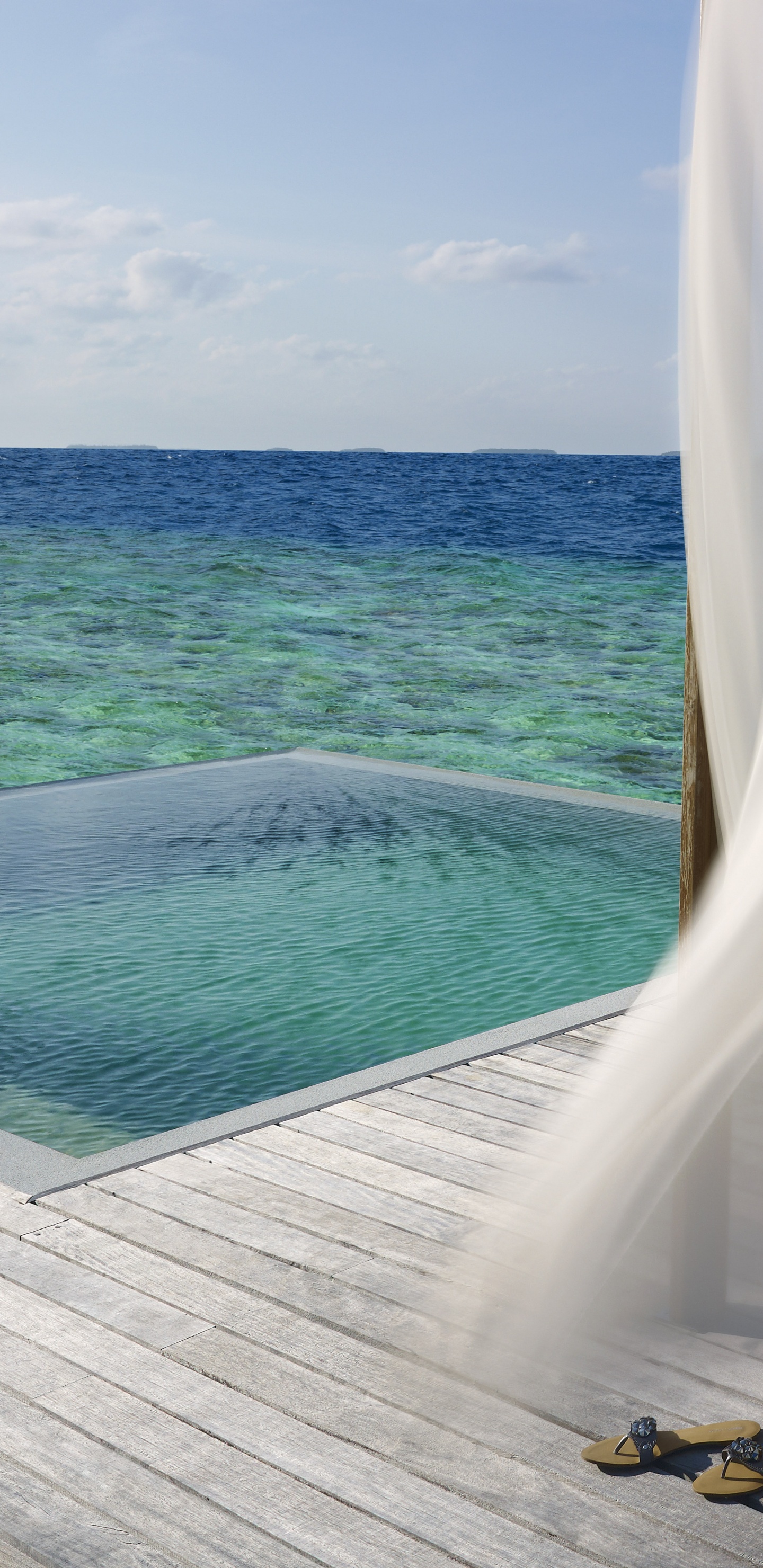 Обои плавательный бассейн, прибежище, пляж, Дусит Тани Мальдивы, океан в разрешении 1440x2960