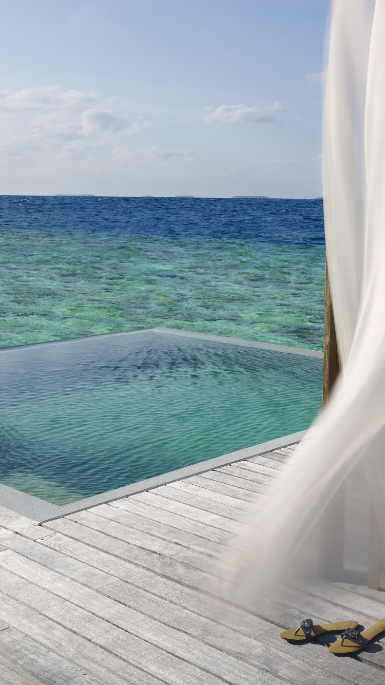 Обои плавательный бассейн, прибежище, пляж, Дусит Тани Мальдивы, океан в разрешении 750x1334