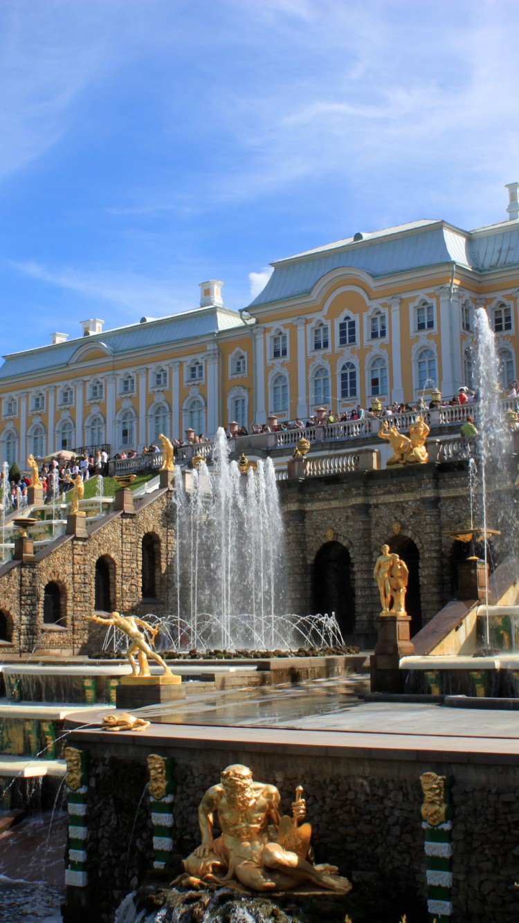 Обои Большой Петергофский дворец, парк, дворец, фонтан, здание в разрешении 750x1334