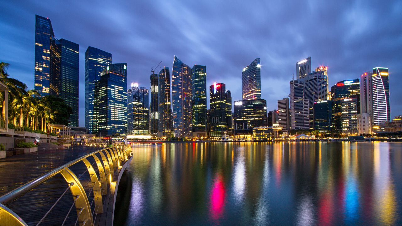 Обои небоскреб, ночь, линия горизонта, городской пейзаж, город в разрешении 1280x720