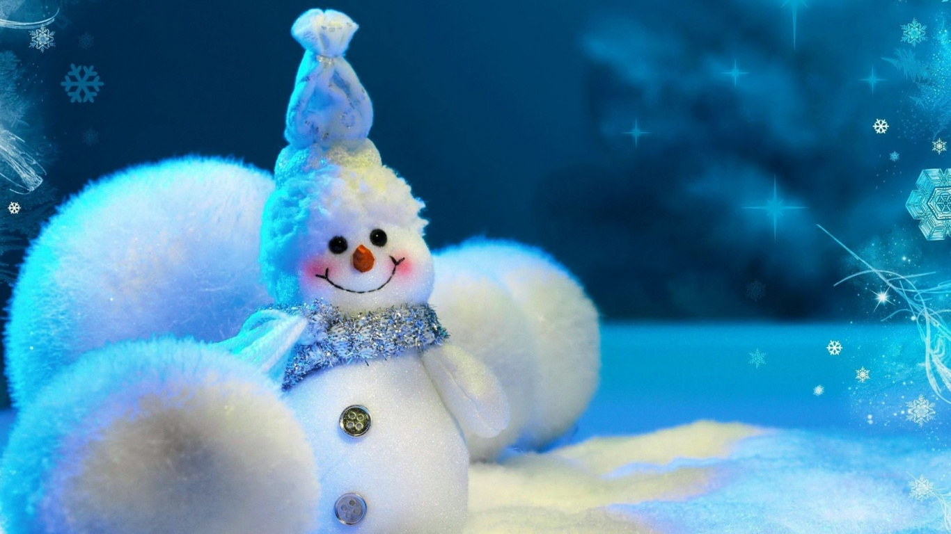 Обои Рождественский день, Снеговик, зима, Рождество, синий цвет в разрешении 1366x768