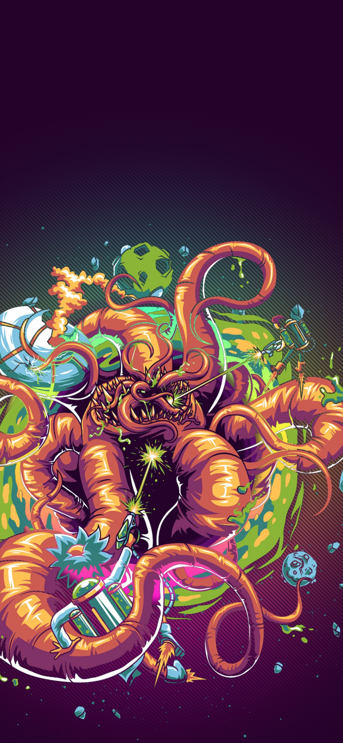 Обои осьминог, Рик Санчез, Морти Смит, красочность, арт в разрешении 1125x2436