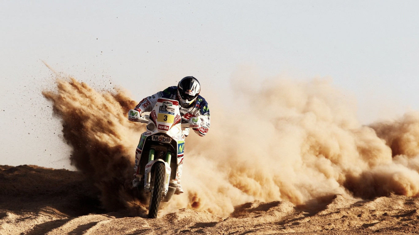 Обои Дакар, мотоцикл, гонки на мотоциклах, мотокросс, пыль в разрешении 1366x768