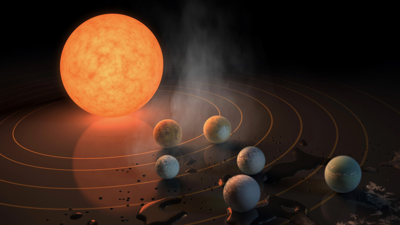 Обои ТРАППИСТ-1, экзопланета, планета, Обитаемой зоне околозвездного, звезда в разрешении 1280x720