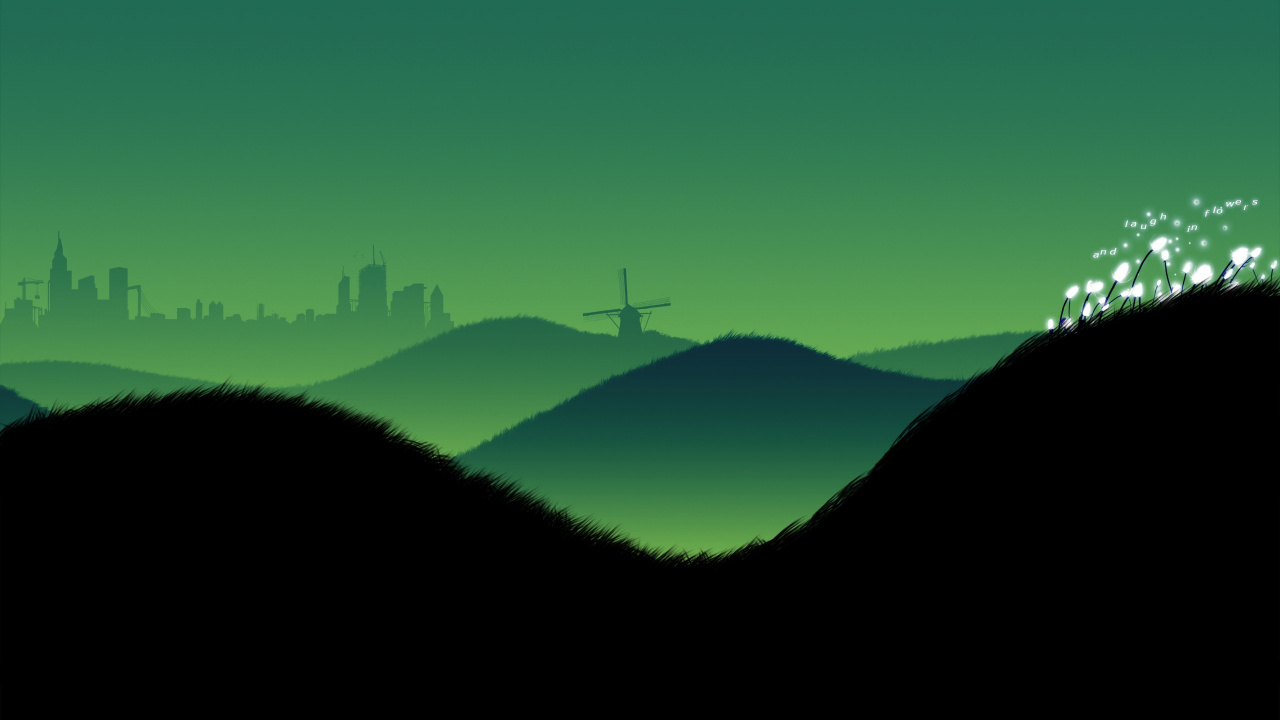 Обои минимализм, зеленый, холм, дерево, горы в разрешении 1280x720