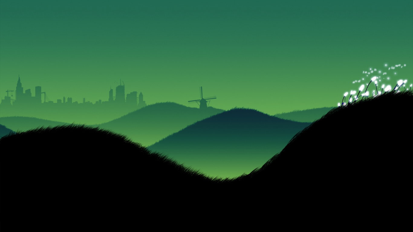 Обои минимализм, зеленый, холм, дерево, горы в разрешении 1366x768