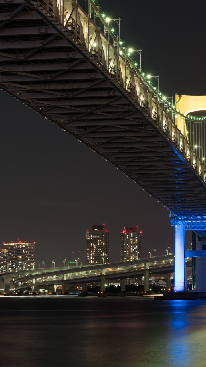 Обои токийский залив, ночь, мост, городской район, город в разрешении 720x1280