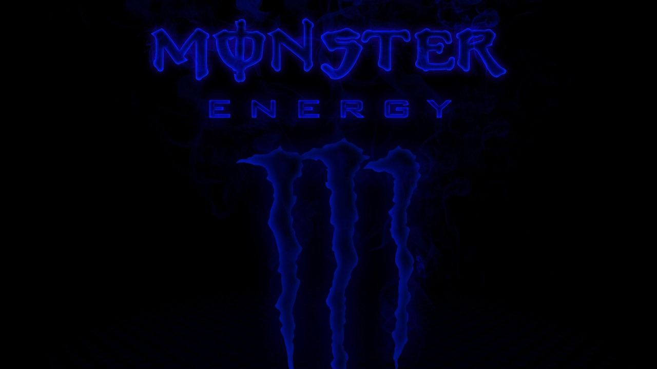 Обои логотип синий монстр энергии, энергетический напиток, лого, черный, синий в разрешении 1280x720