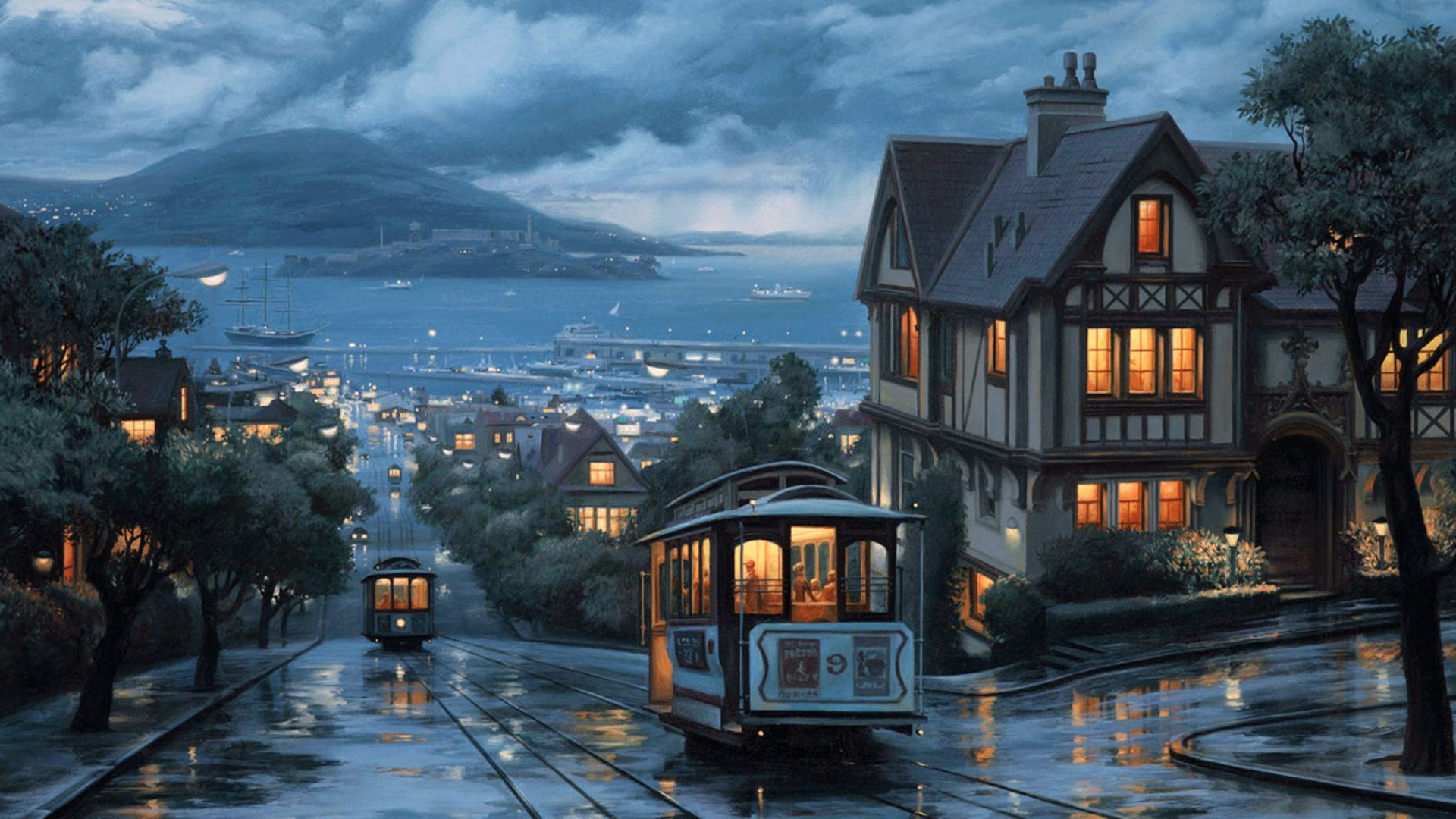 Обои транспорт, городок, вечер, атмосфера, сумрак в разрешении 1920x1080