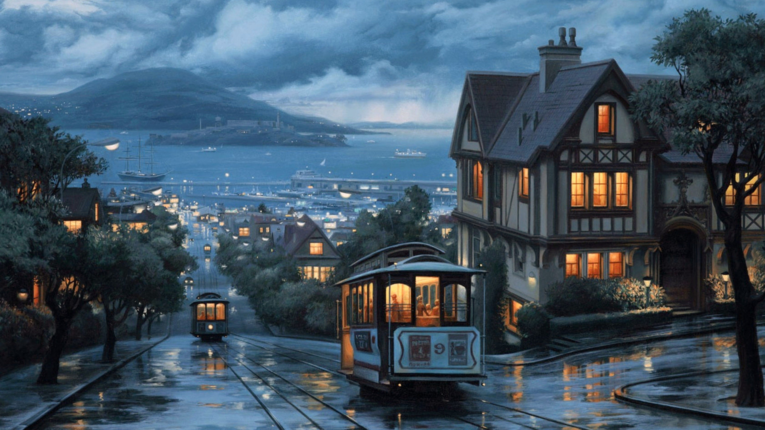 Обои транспорт, городок, вечер, атмосфера, сумрак в разрешении 2560x1440