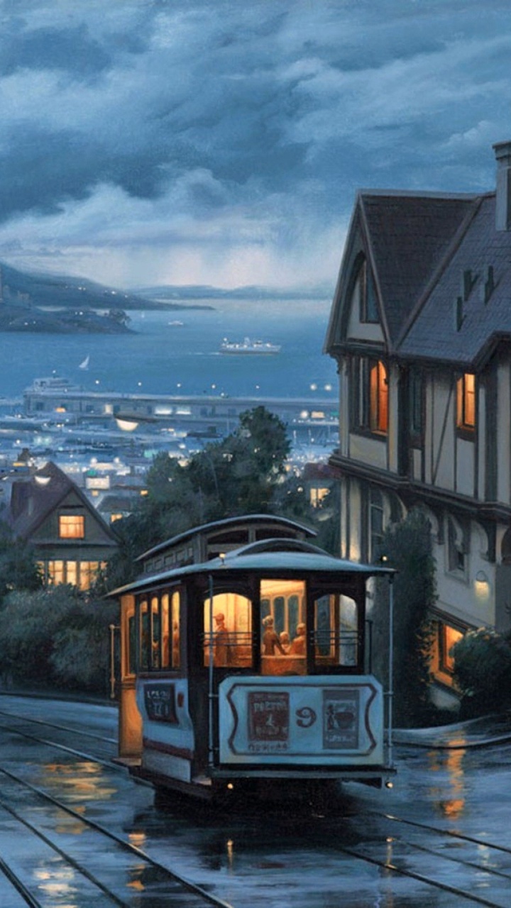 Обои транспорт, городок, вечер, атмосфера, сумрак в разрешении 720x1280