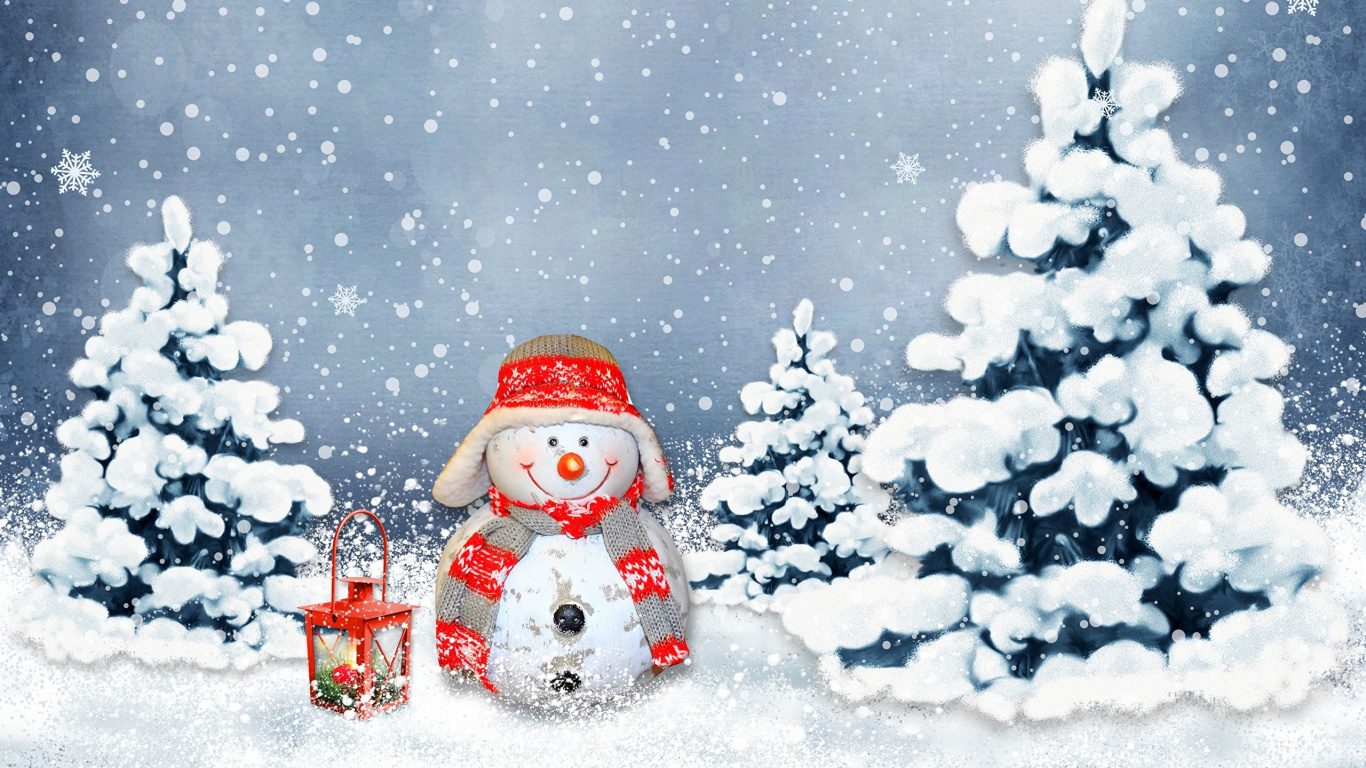 Обои Рождественский день, Рождественские украшения, елка, Снеговик, зима в разрешении 1366x768