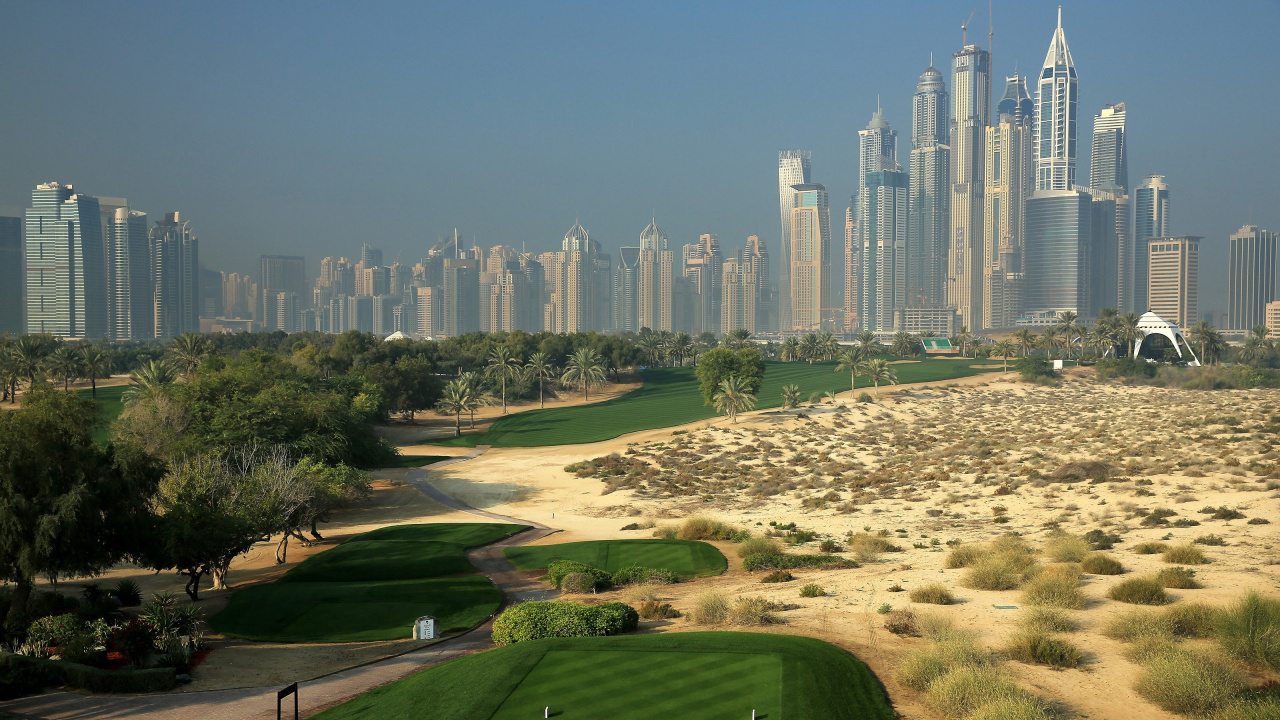 Обои Гольф-Клуб Emirates, площадка для гольфа, гольф, PGA европейский тур, городской пейзаж в разрешении 1280x720