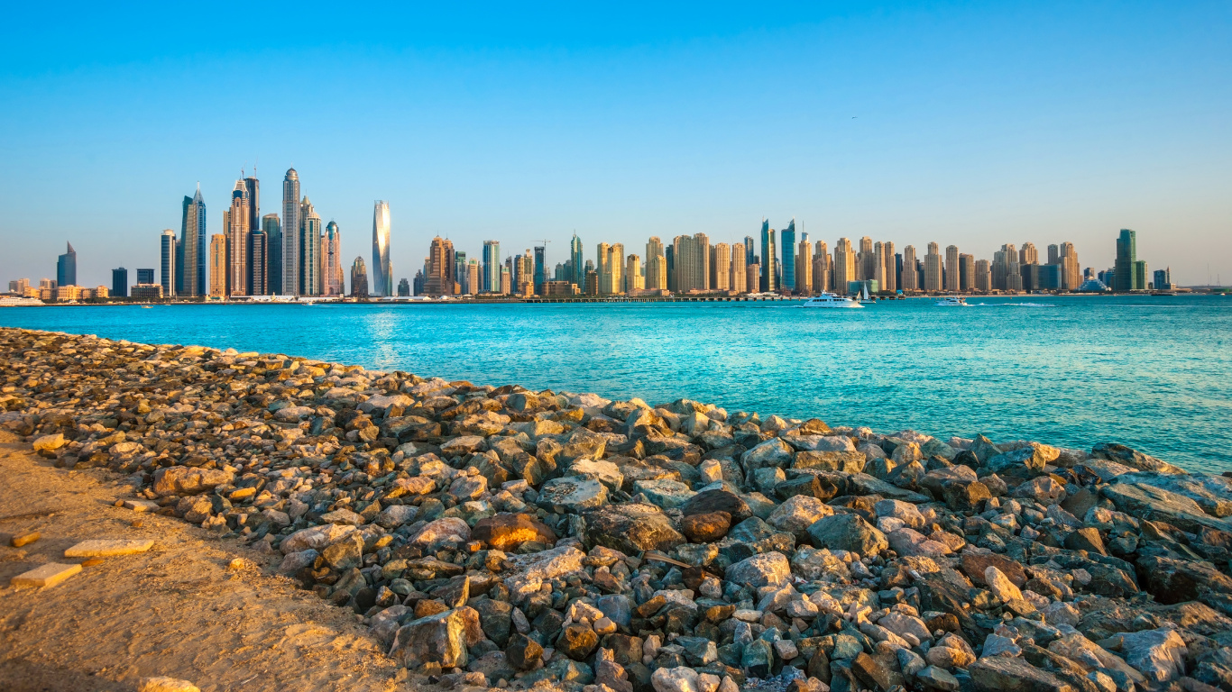 Обои Бурдж Халифа, городской пейзаж, город, линия горизонта, вода в разрешении 1366x768