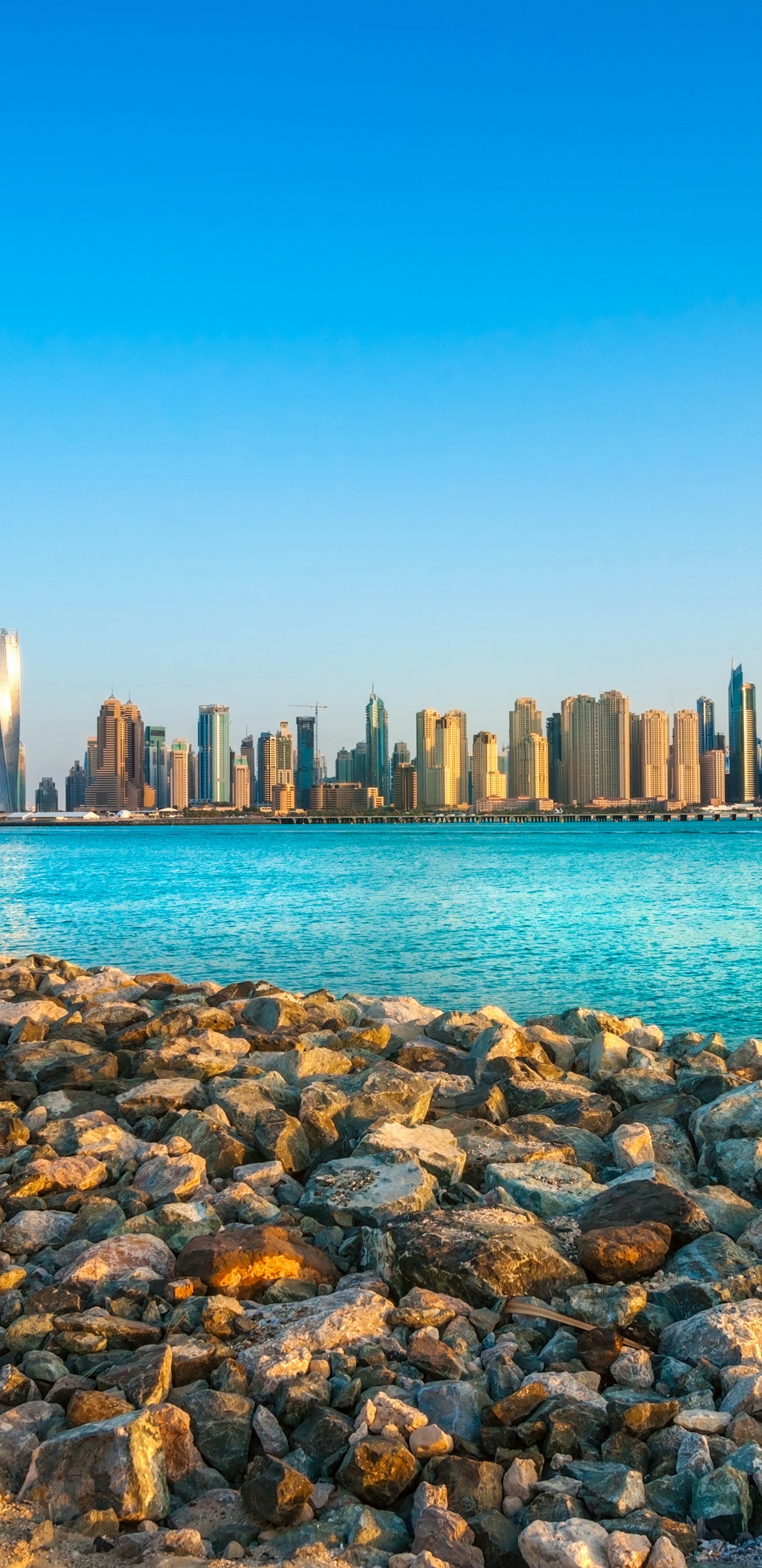 Обои Бурдж Халифа, городской пейзаж, город, линия горизонта, вода в разрешении 1440x2960