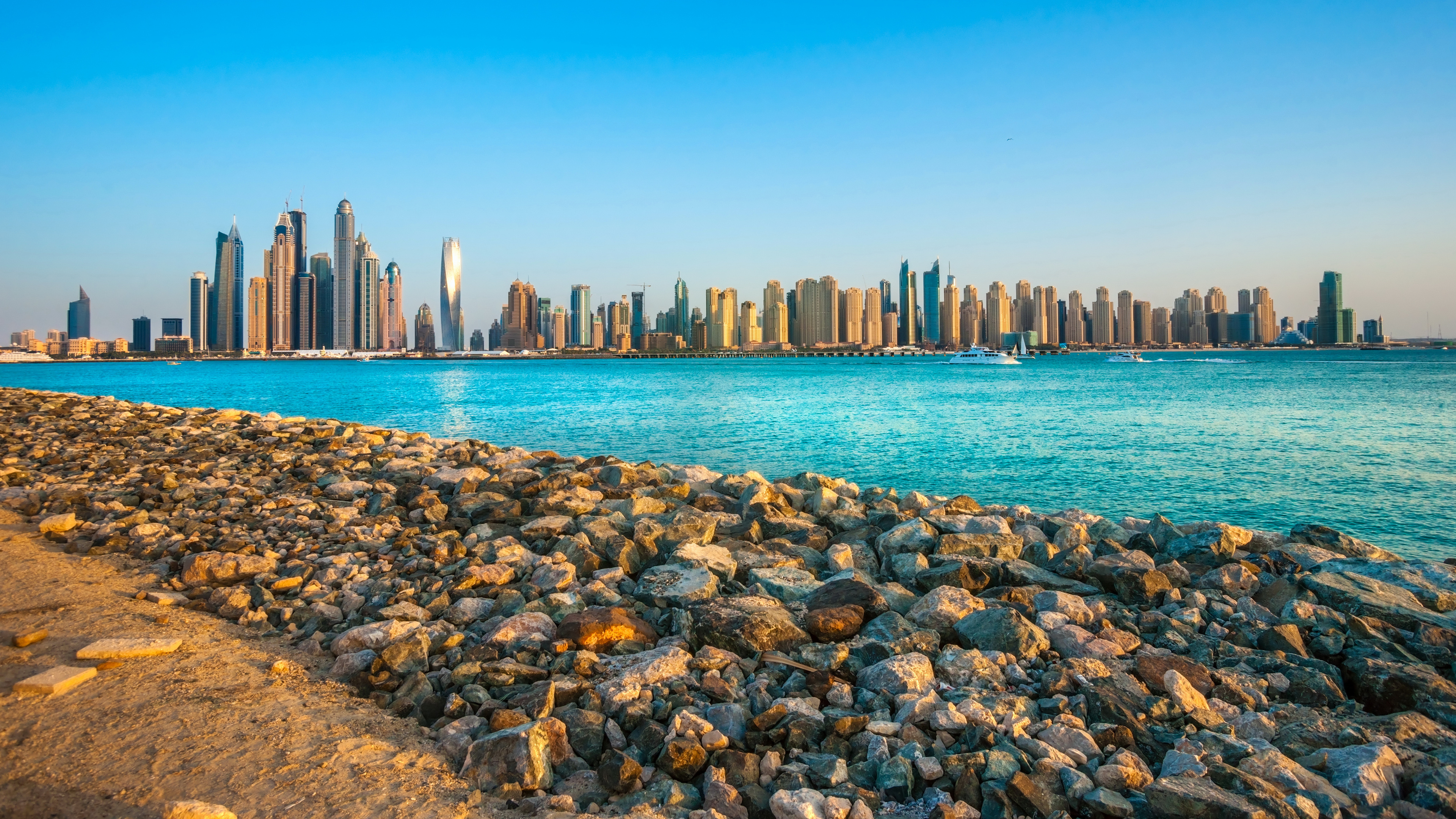 Обои Бурдж Халифа, городской пейзаж, город, линия горизонта, вода в разрешении 3840x2160