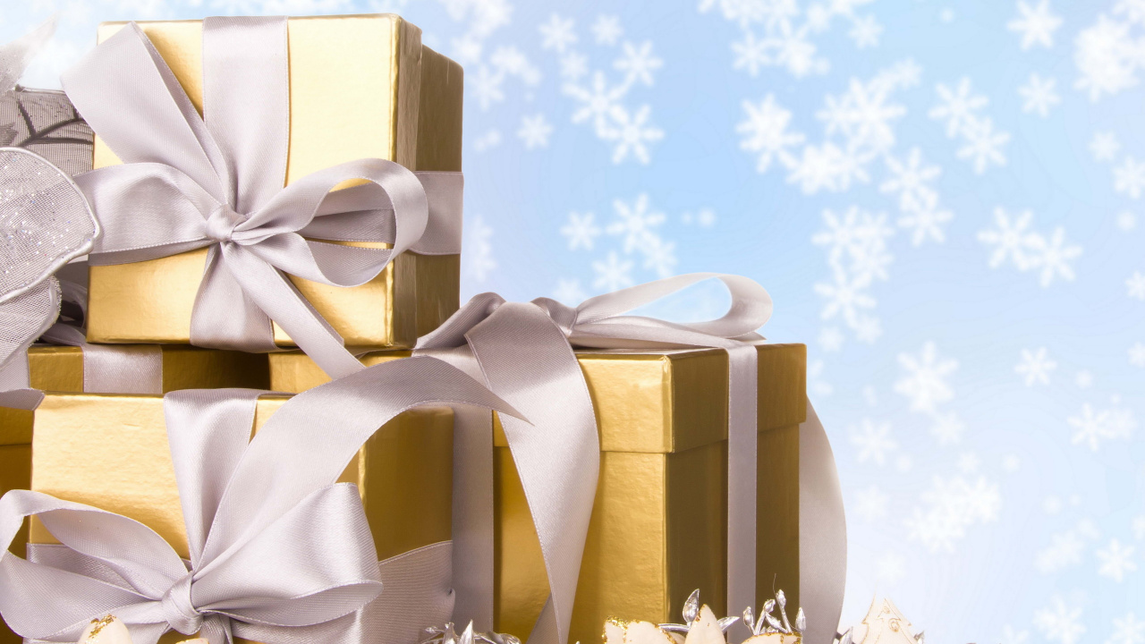 Обои Рождественский день, Рождественский подарок, настоящее время, подарочная упаковка, лента в разрешении 1280x720
