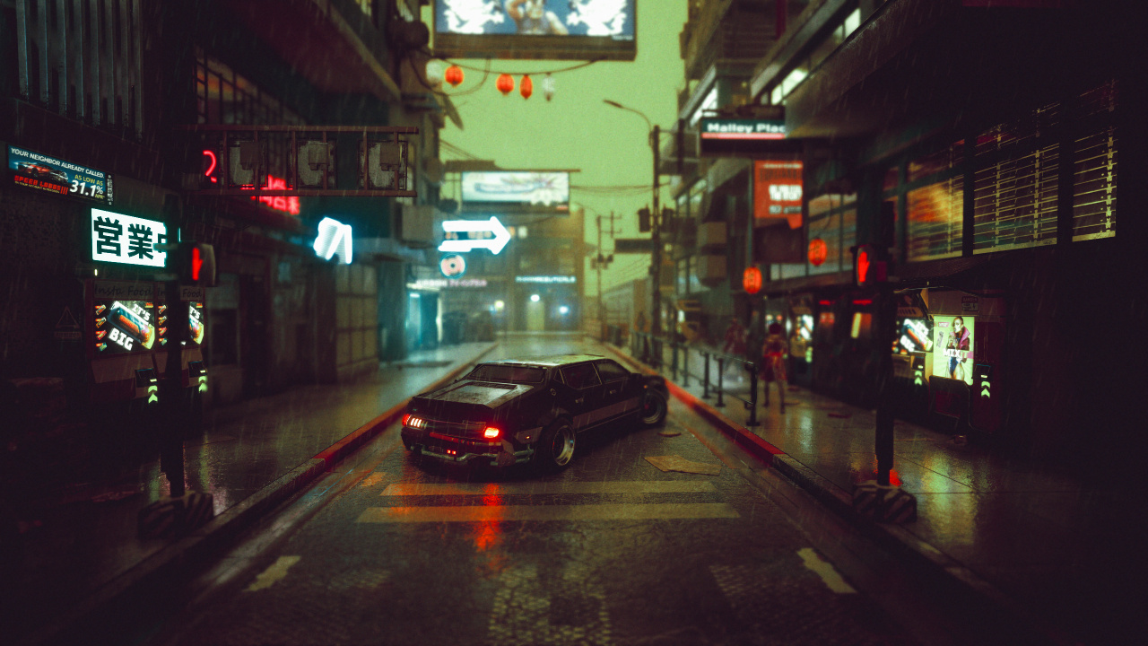 Обои Киберпанк, Киберпанк 2077, Киберпанк 2020, ночь, автомобильное освещение в разрешении 1280x720
