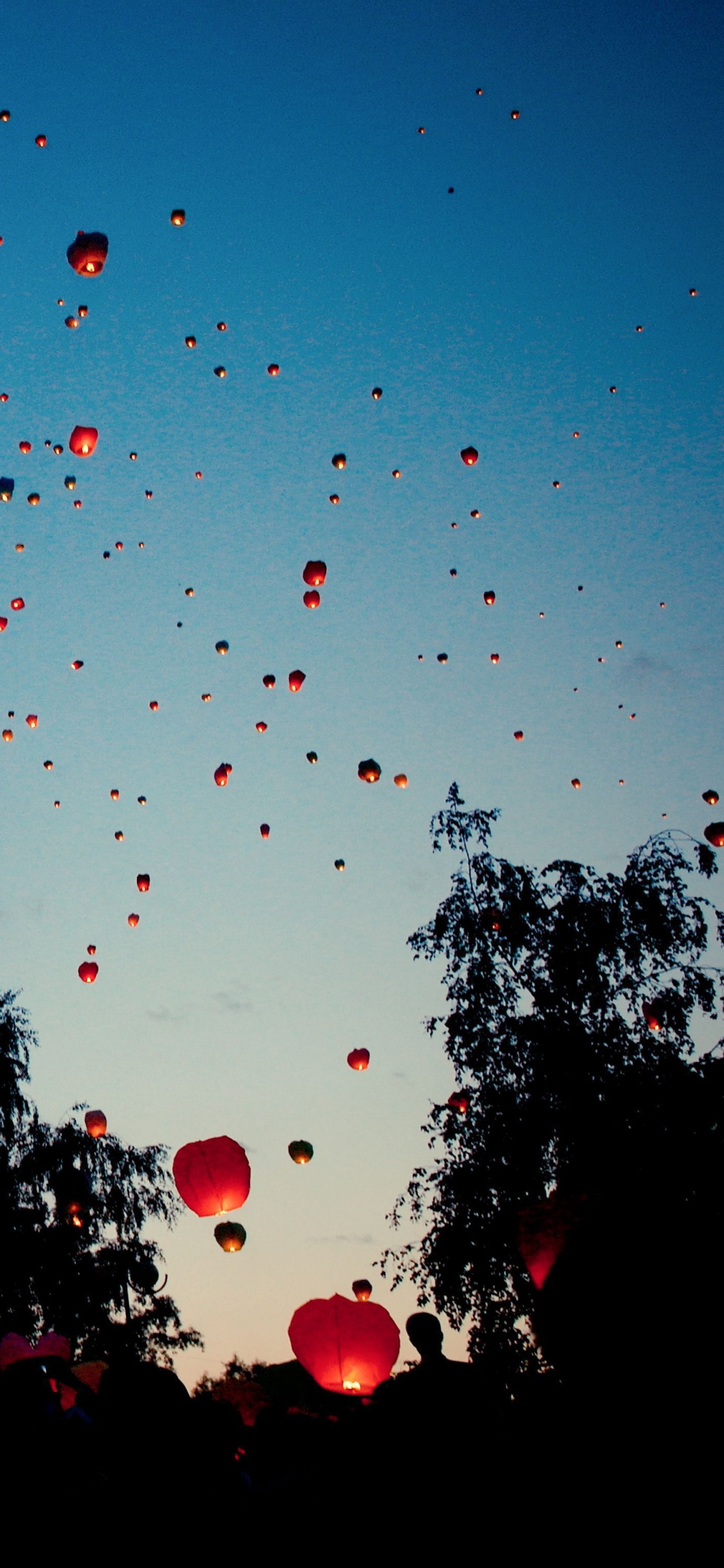 Обои небесный фонарик, фонарь, синий, красный цвет, ночь в разрешении 1125x2436