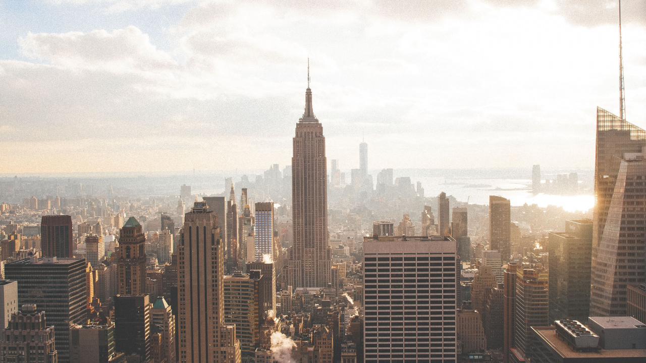 Обои Нью-Йорк, Бруклинский мост, город, арт, облако в разрешении 1280x720