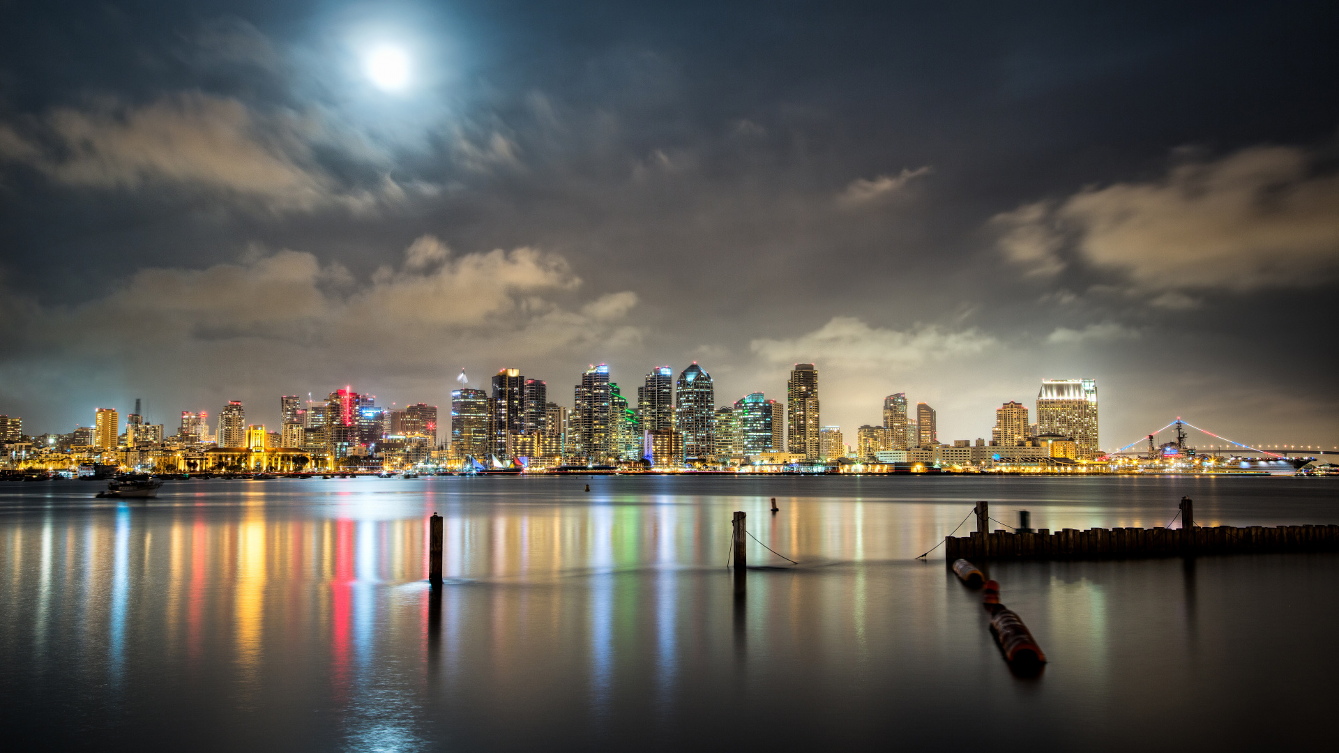 Обои городской пейзаж, ночь, линия горизонта, город, метрополия в разрешении 1920x1080