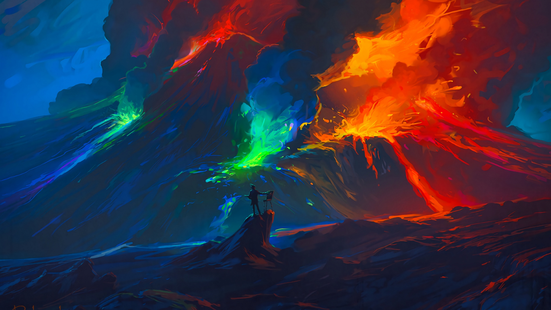 Обои арт, вулкан, вулканического рельефа, типы вулканических извержений, лава в разрешении 1920x1080