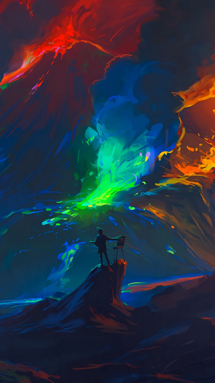 Обои арт, вулкан, вулканического рельефа, типы вулканических извержений, лава в разрешении 750x1334