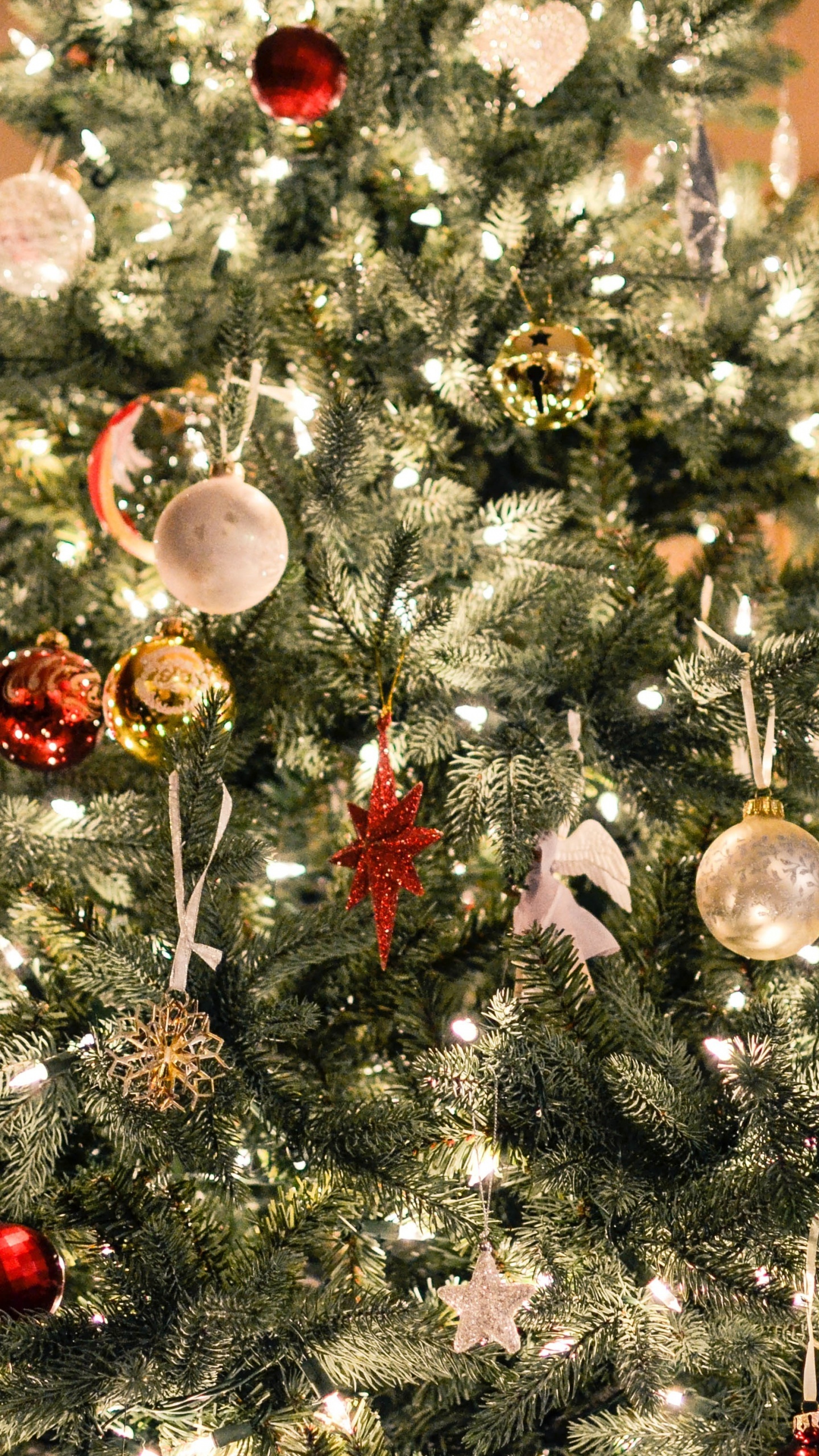 Обои елка, Рождественский день, Рождественские украшения, дерево, праздник в разрешении 1440x2560