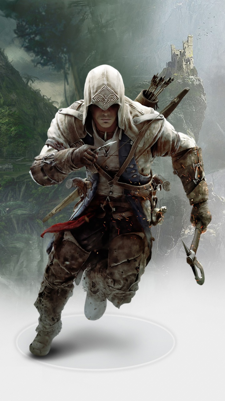 Обои Assassins Creed III, assassins creed, лошадь, Коннор ассасин, видеоигра в разрешении 720x1280