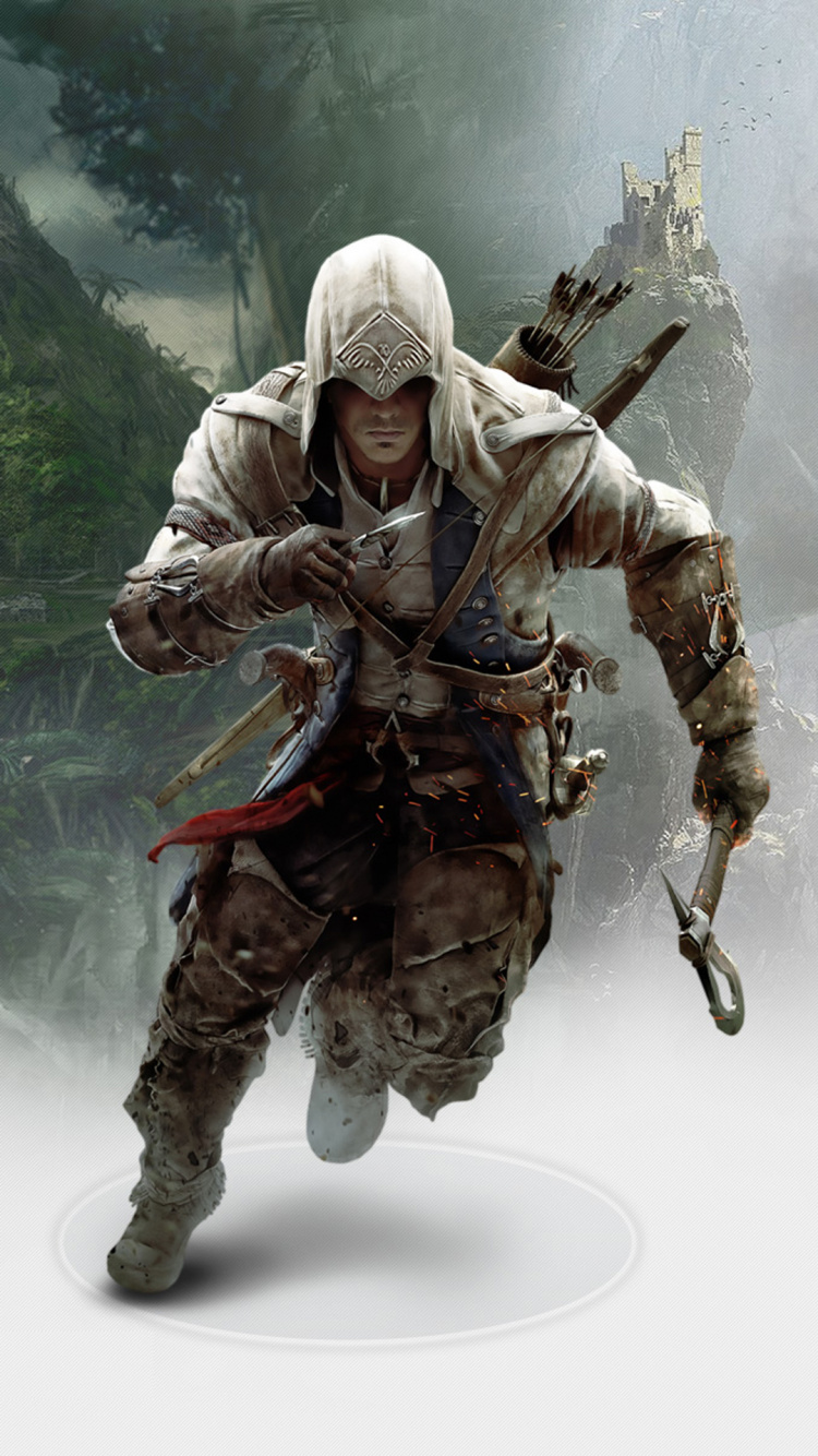 Обои Assassins Creed III, assassins creed, лошадь, Коннор ассасин, видеоигра в разрешении 750x1334