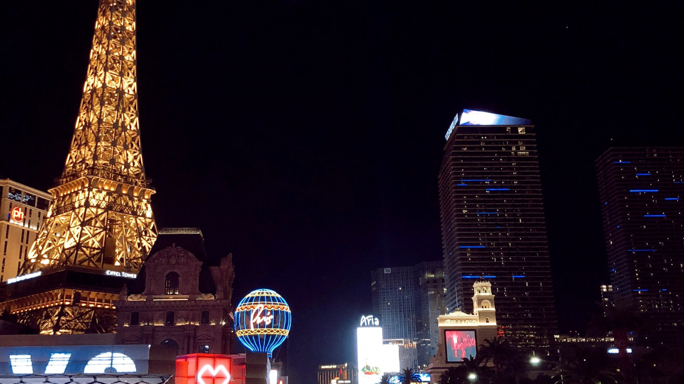 Обои Лас Вегас, США, Париж отель и казино, Париж Лас-Вегас, ночь в разрешении 1366x768