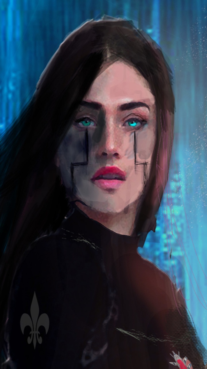 Обои футуристический девушка, арт, произведение искусства, лицо, синий в разрешении 720x1280