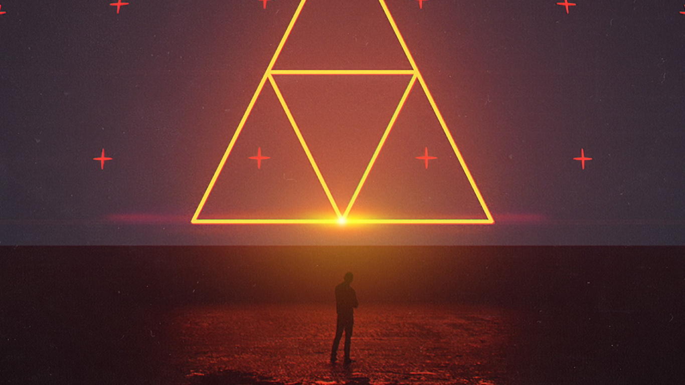 Обои треугольник, арт, вода, астрономический объект, горизонт в разрешении 1366x768