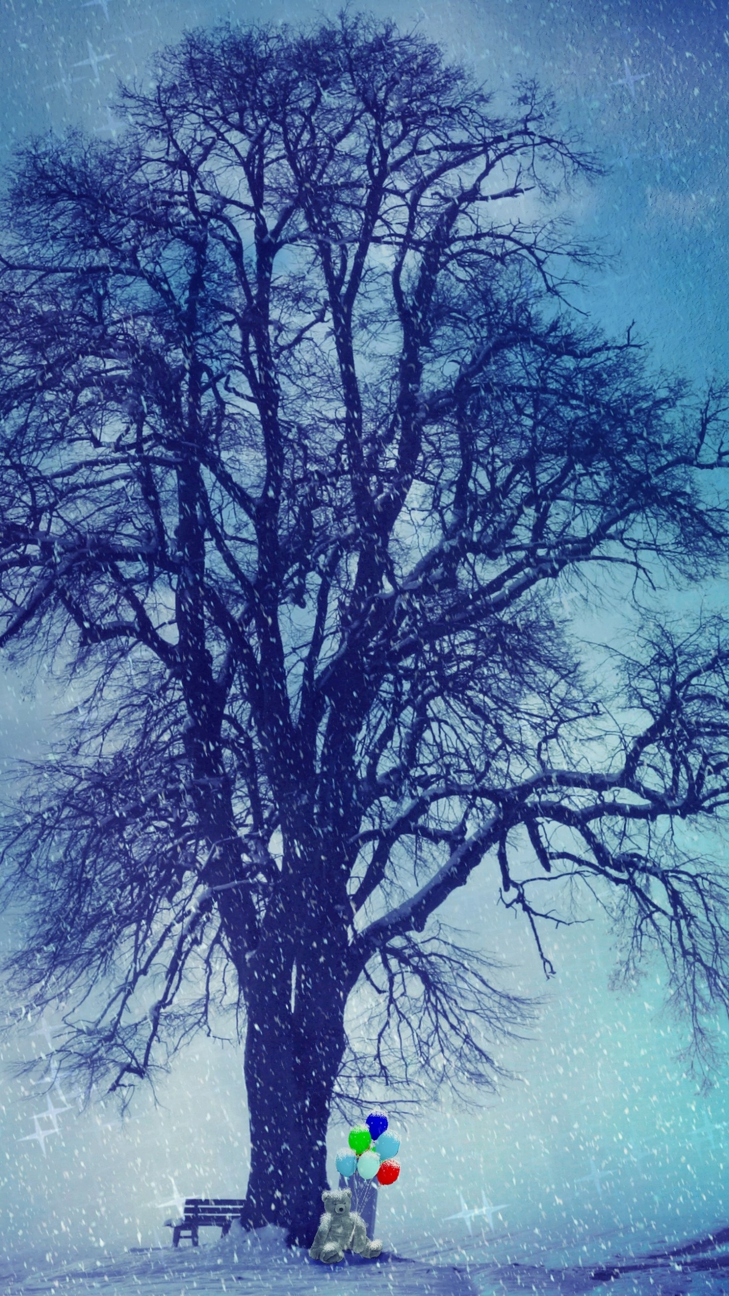 Обои дерево, природа, природный ландшафт, синий, зима в разрешении 1440x2560