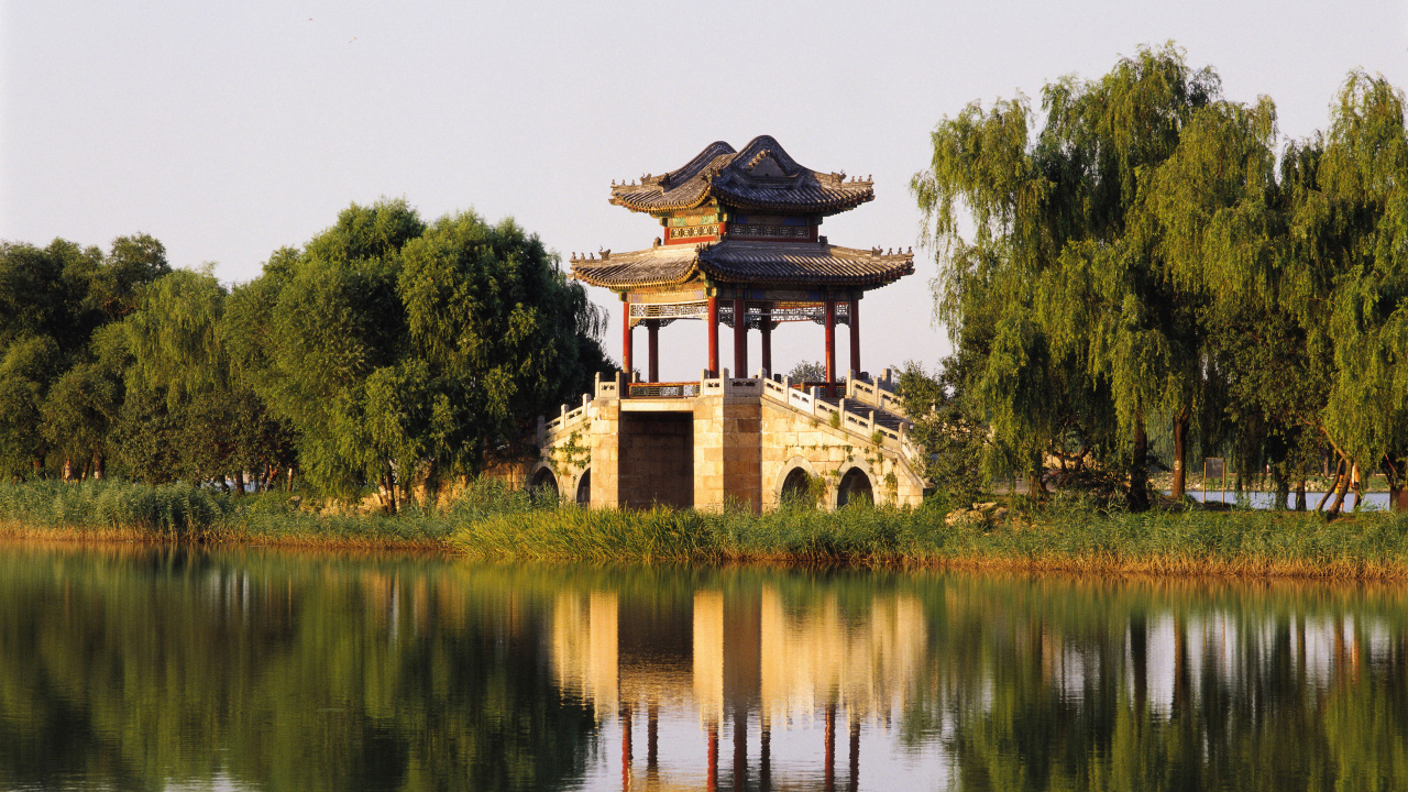 Обои летний дворец, вода, китайская архитектура, отражение, пагода в разрешении 1280x720
