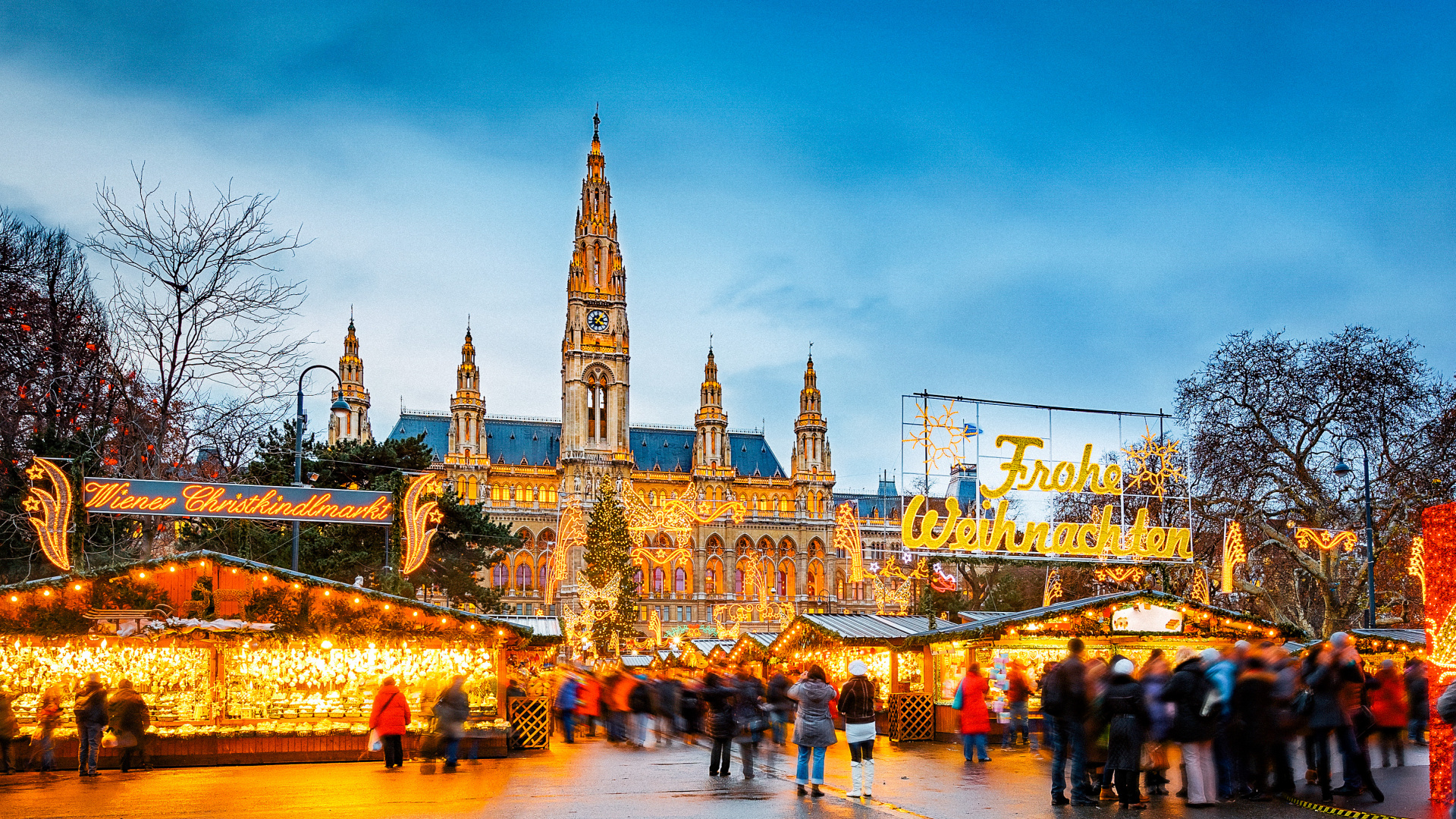 Обои Рождественский рынок, ориентир, городок, город, вечер в разрешении 1920x1080