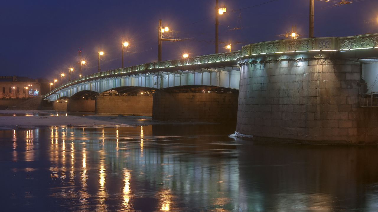 Обои Литейным Мостом, мост, ночь, вода, отражение в разрешении 1280x720