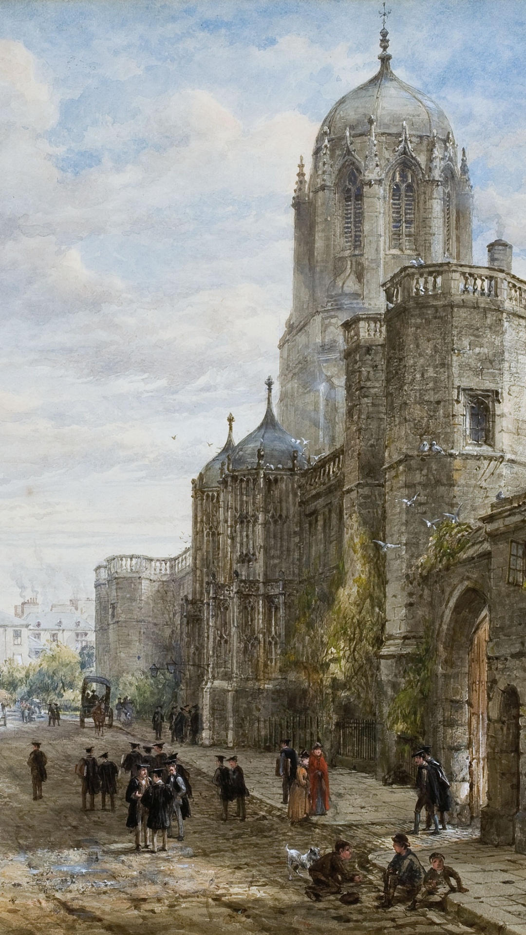 Обои живопись, акварельная живопись, здание, город, средневековая архитектура в разрешении 1080x1920