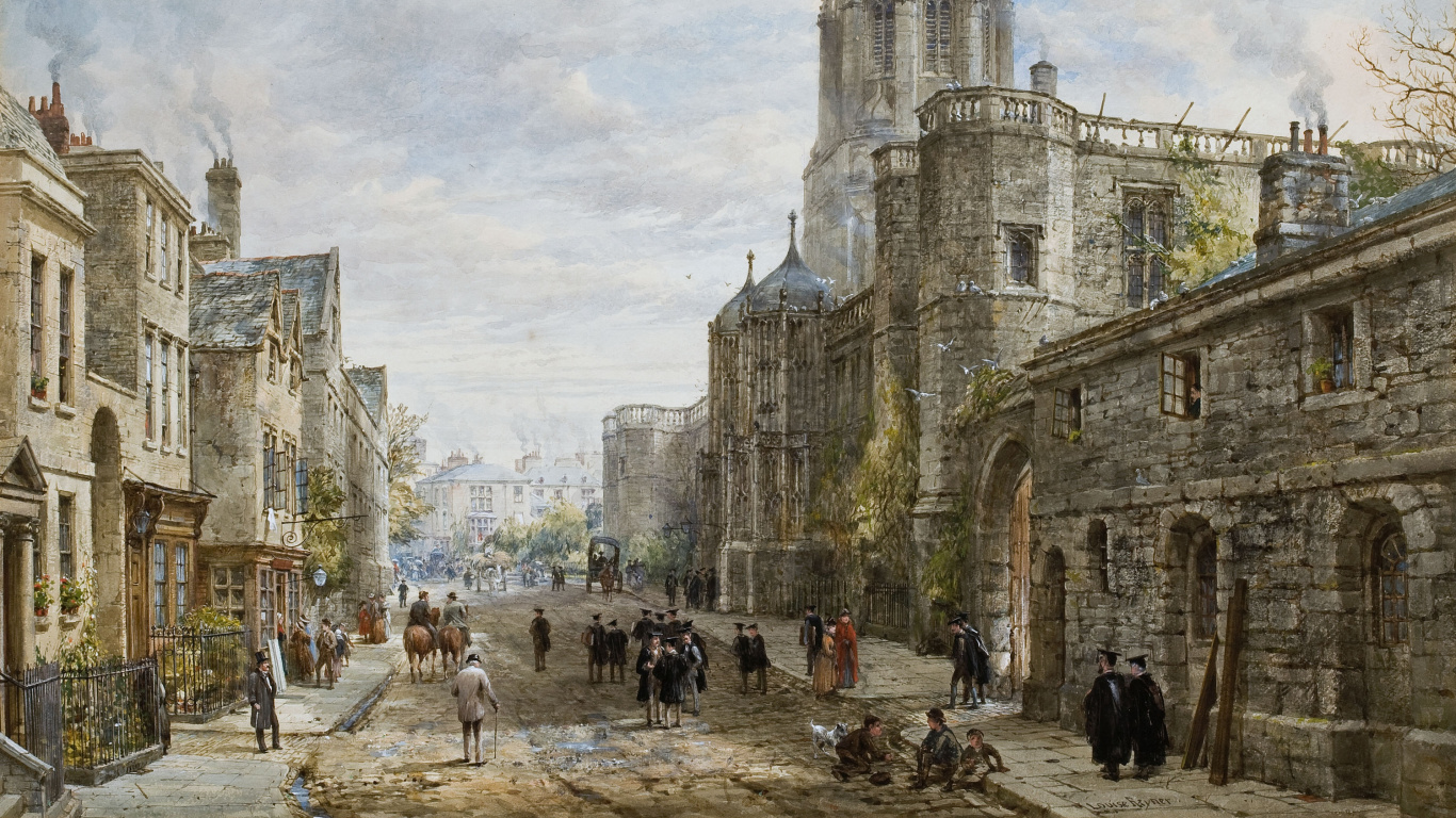 Обои живопись, акварельная живопись, здание, город, средневековая архитектура в разрешении 1366x768