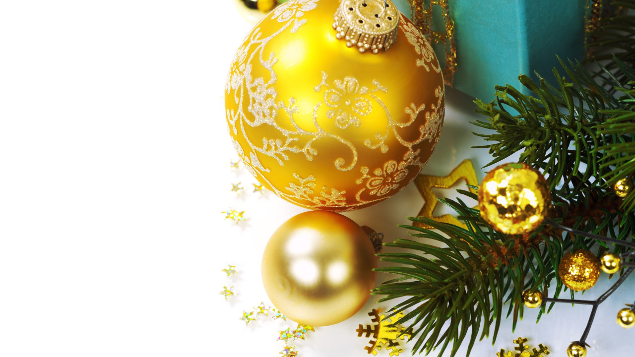 Обои Рождественский день, Новый год, рождественский орнамент, Рождественские украшения, желтый в разрешении 1280x720